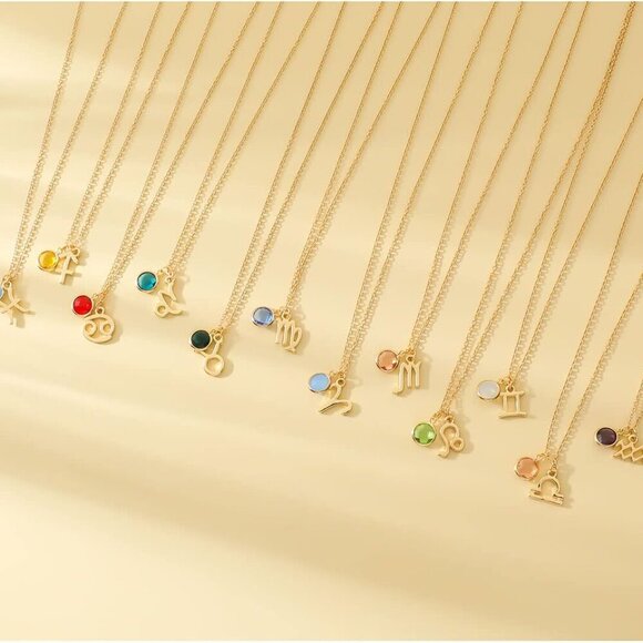 14k Gold Plated Zodiac Birthstone Crystal Pendant Necklace, Horoscope Sign Charm - Picture 6 of 7
